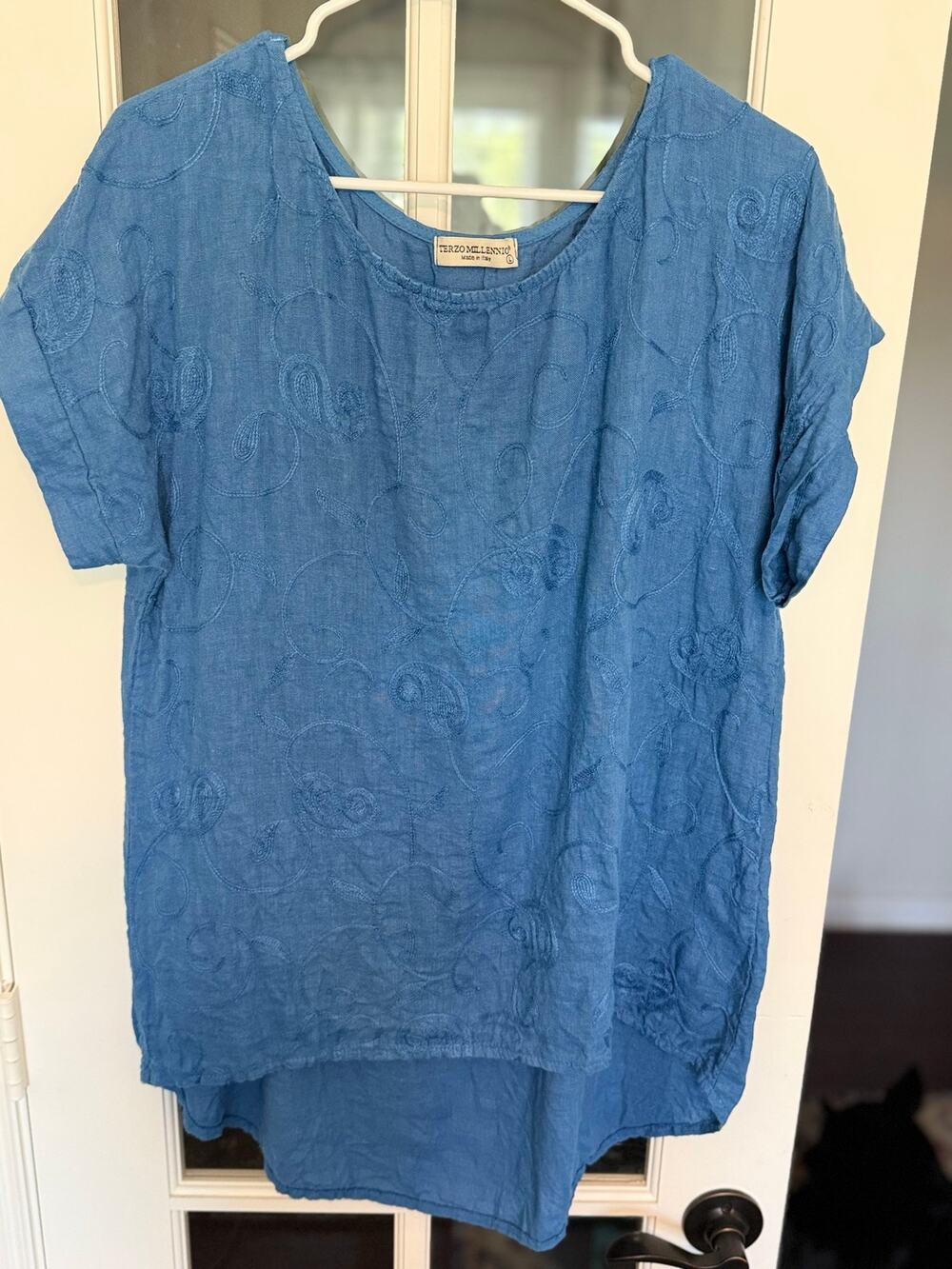 Terzo Millennio Italy 100% Linen Embroidered Tunic Top Blue L Oversized Boho
